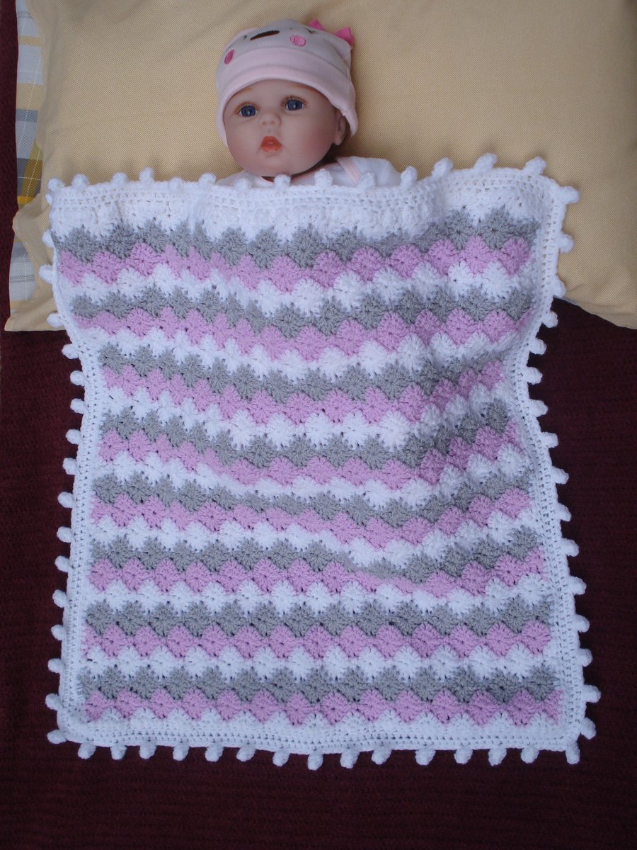 Hand Crochet Blanket In Silver Grey, Pink And White Diamond Pattern
