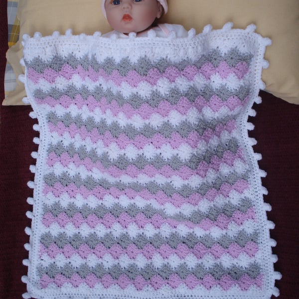 Hand Crochet Blanket In Silver Grey, Pink And White Diamond Pattern