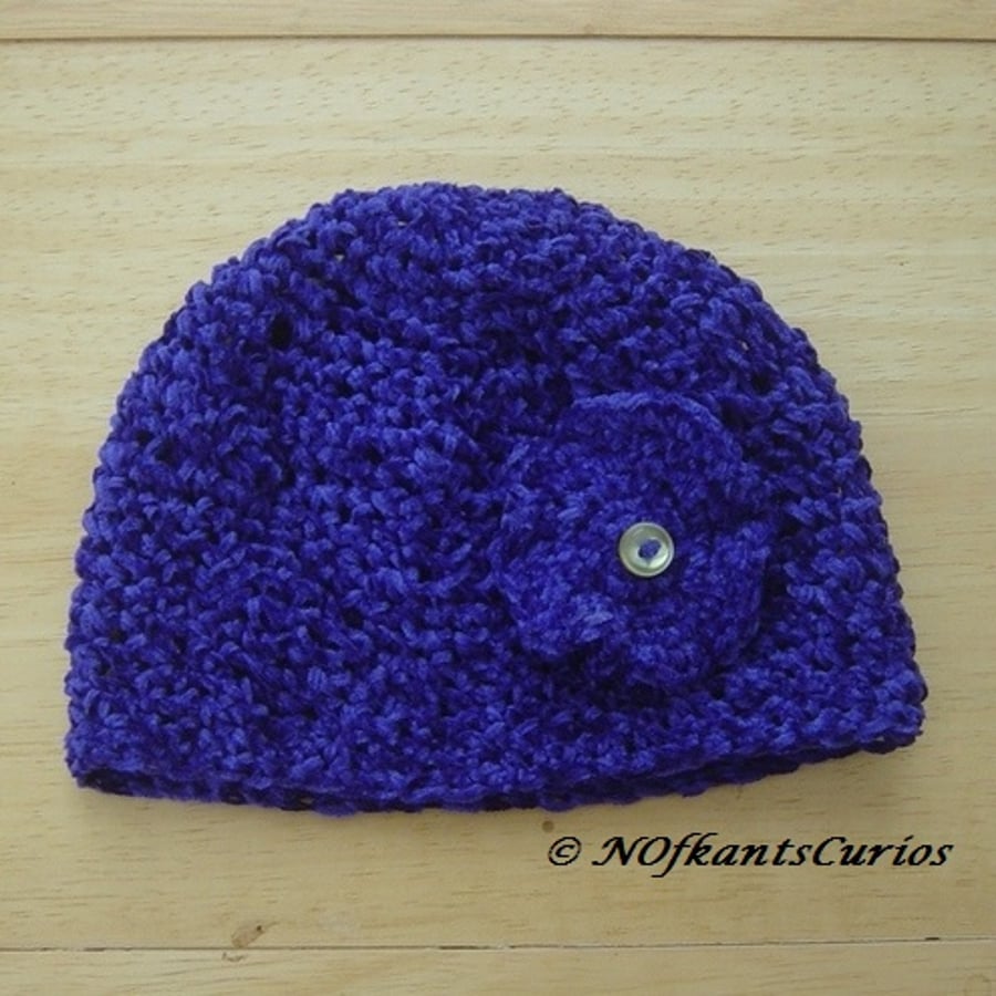 Mini African Violet Crocheted Hat with Crochet &  Button flower, 0 to 6 months