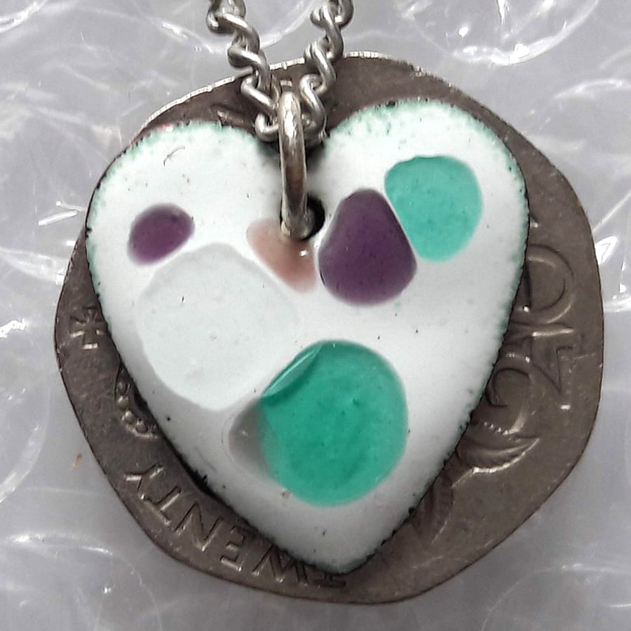 heart pendant - green, purple and clear beads over white