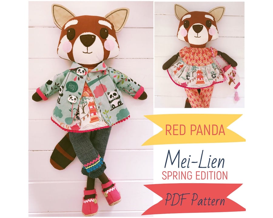 Digital PDF Sewing Pattern for Red Panda Doll 'Mei-Lien' wirh Clothes