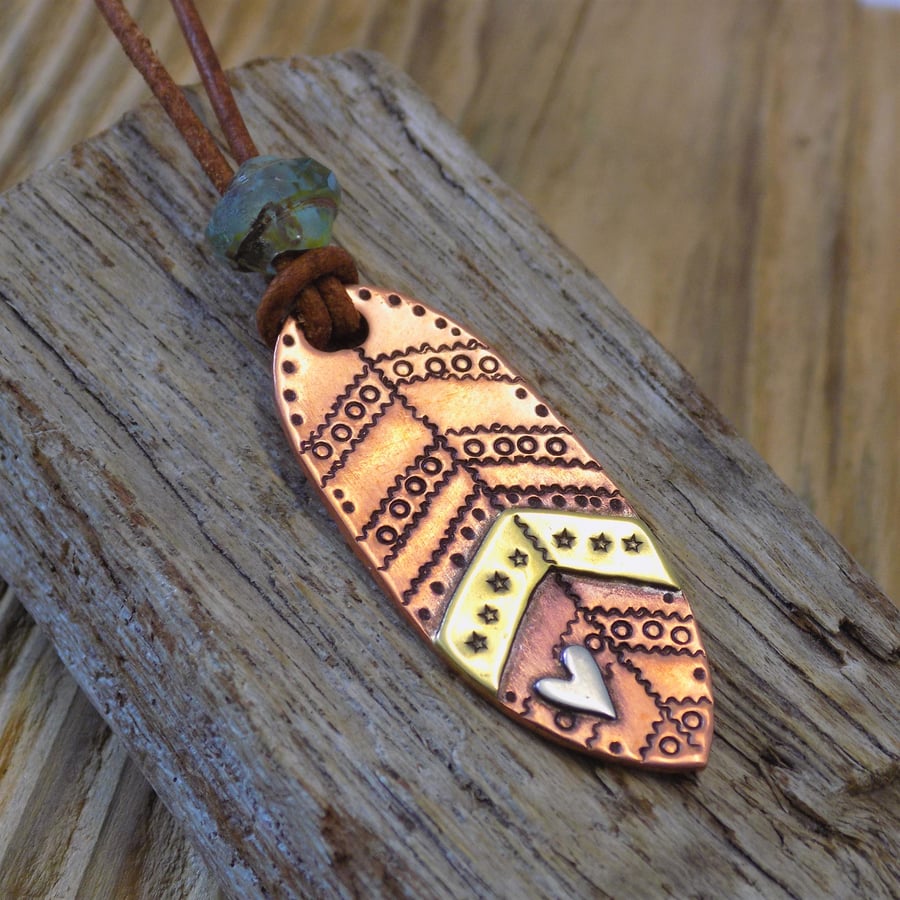 Copper, brass and silver stylised leaf, feather, mixed metal pendant 