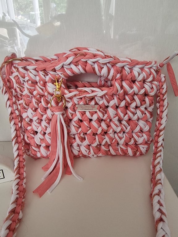 Handcrochet pink bag with detachable tassle keyring 