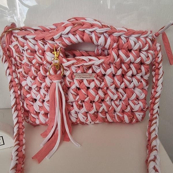 Handcrochet pink bag with detachable tassle keyring 