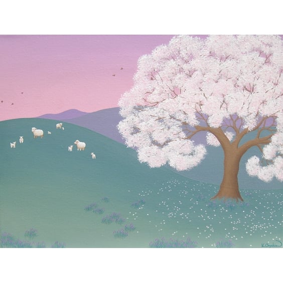 Spring Scene with Cherry Blossom Tree - original acrylic art