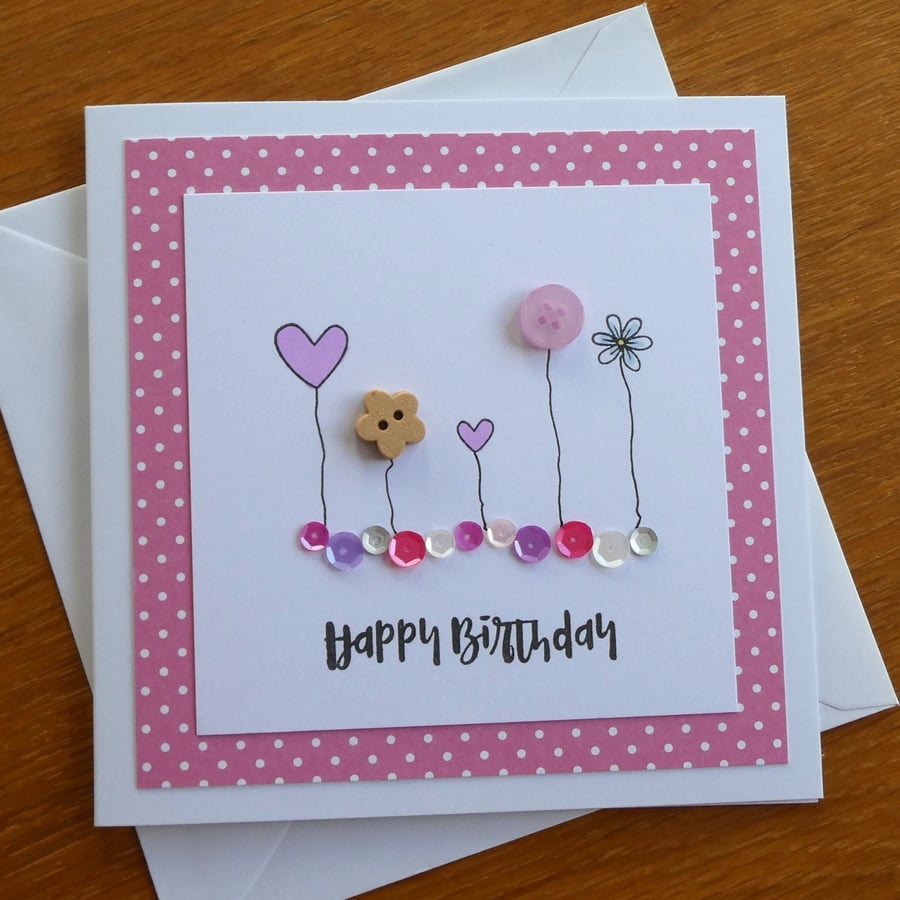 Birthday Card - Flowers, Hearts and Sequins - Pink