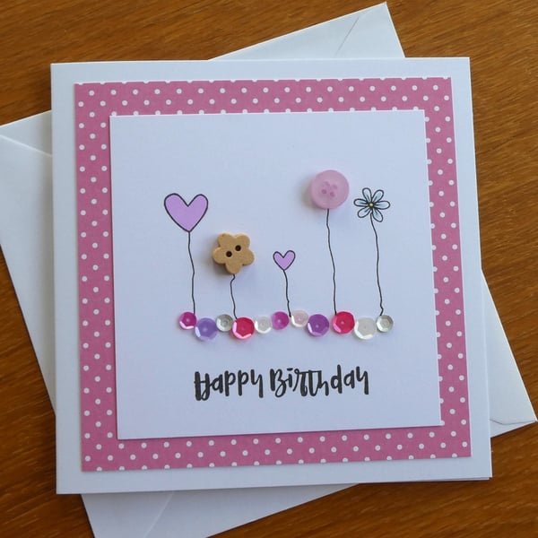 Birthday Card - Flowers, Hearts and Sequins - Pink
