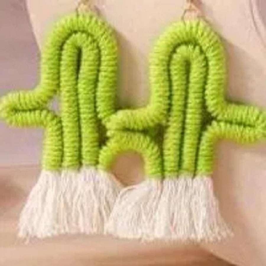 Green Cactus crochet Earrings crochet Gold steel dangly earrings OOAK