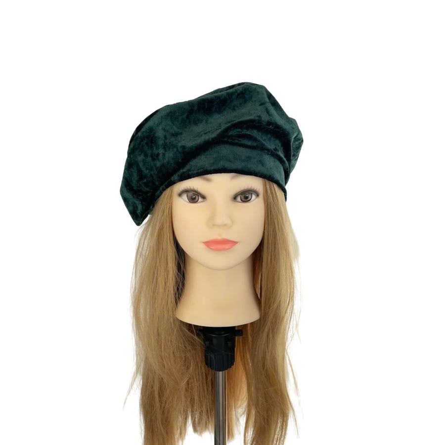 Dark Green Velvet Beret Hat Lightweight Crushed Velour Slouchy Unlined Beret Hat