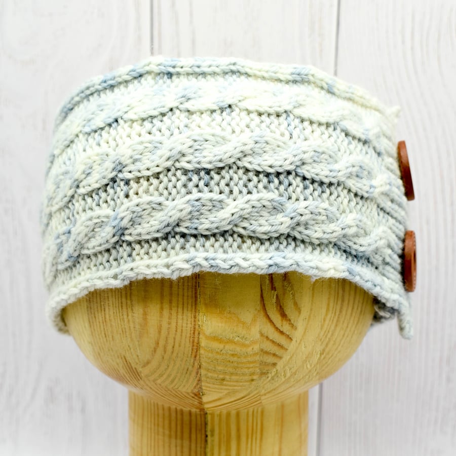 Hand Knitted "Braided" Head band in Cream and Blue - child