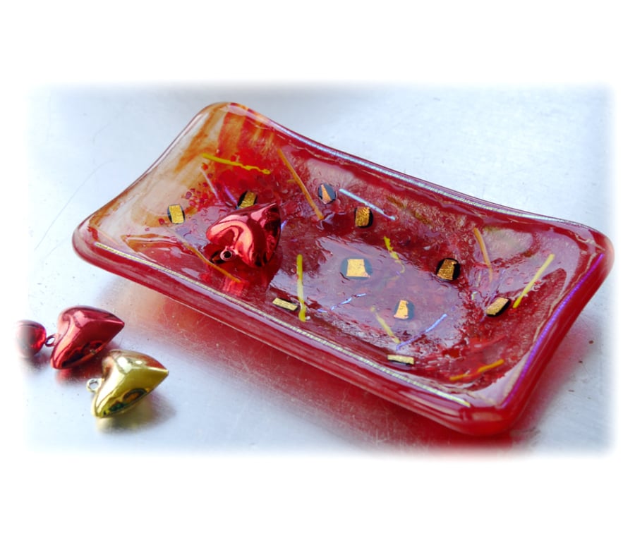 Fused Glass Dish Soap Trinket Snack Red Dichroic 010