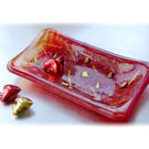 Fused Glass Dish Soap Trinket Snack Red Dichroic Gold Decoration