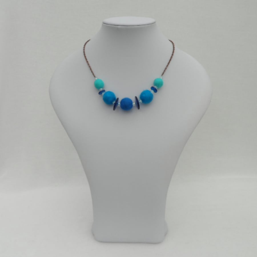 Funky, modern felt, button and bead necklace, blue