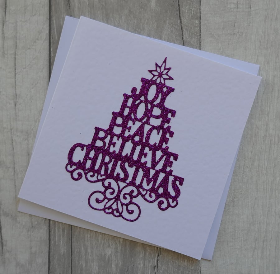 Joy, Hope, Peace, Believe, Christmas - Purple Glitter Tree - Christmas Card