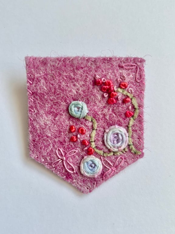 Felt floral banner brooch pin, hand embroidered,  pink