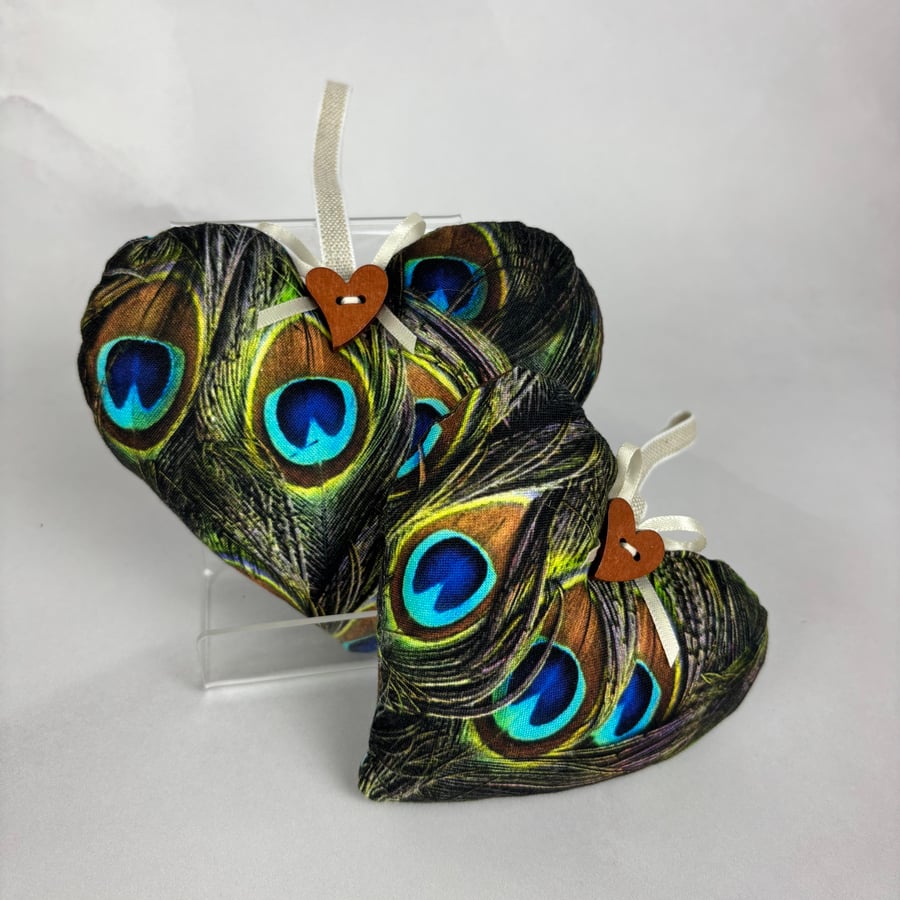 Handmade peacock feathers hanging heart set with loop button and ribbon trim