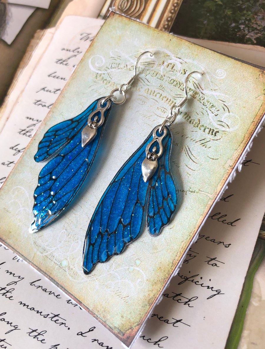 Blue Goddess Double Fairy Wing Earrings Sterling Silver