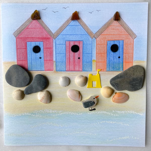 Cornwall sea glass, pebble and shell beach hut design card