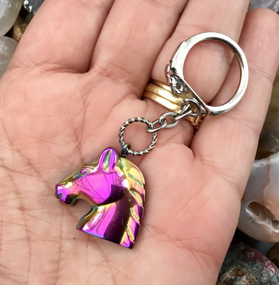 Rainbow Titanium Hematite Horse Keyring or Handbag Charm.