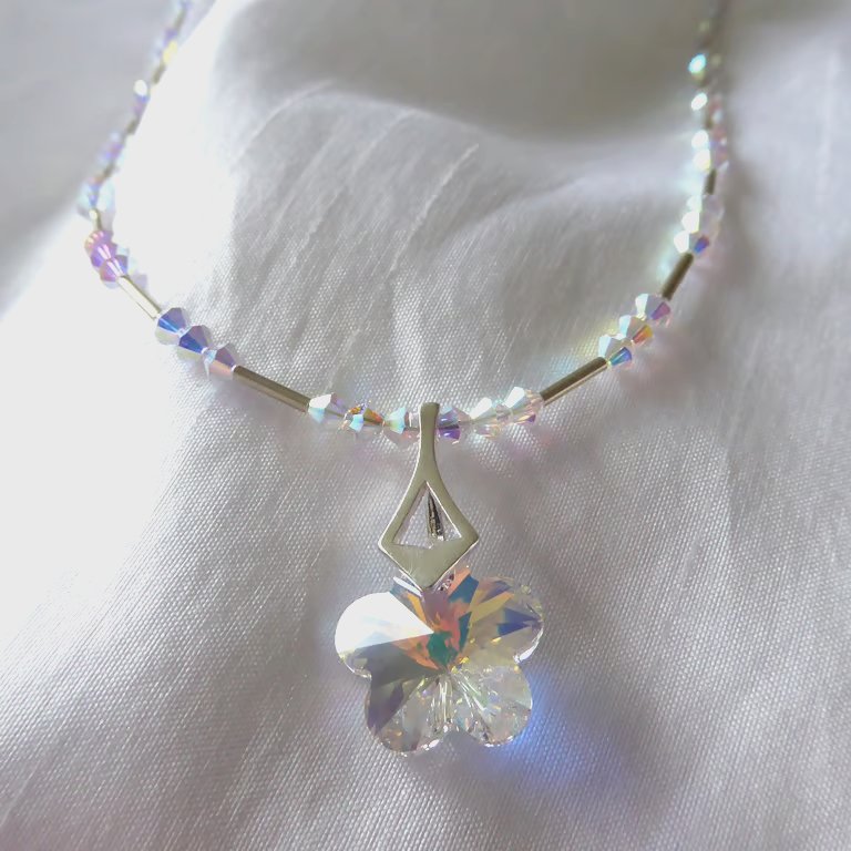 Flower Pendant Necklace in Sterling Silver with Swarovski AB coated Crystals