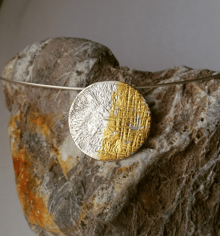 Organic textured Silver disc necklace with little 24ct gold detail