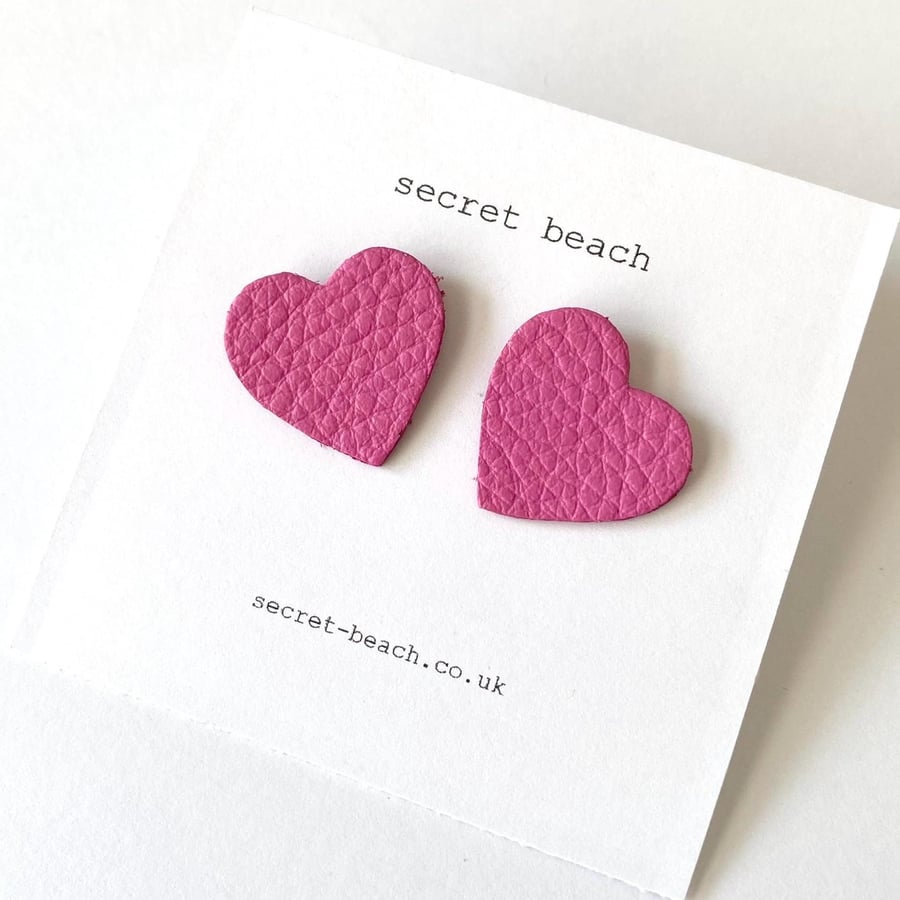 Leather Heart Stud Earrings - Deep Pink
