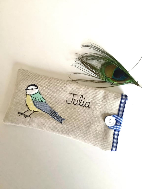 Custom Blue Tit Glasses Case - Personalised Bird Sunnies Spectacles Padded Pouch