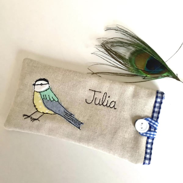 Custom Blue Tit Glasses Case - Personalised Bird Sunnies Spectacles Padded Pouch