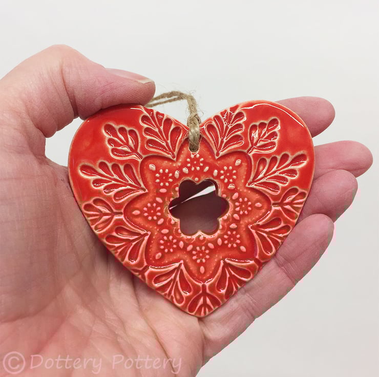 Ceramic heart hanging decoration Pottery Heart Folksy