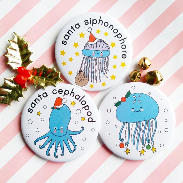 sea creatures christmas badge, handmade pin badge, christmas gift