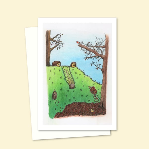 Playful Hedgehogs Greeting Card with a Cute Pencil Illustration (214)