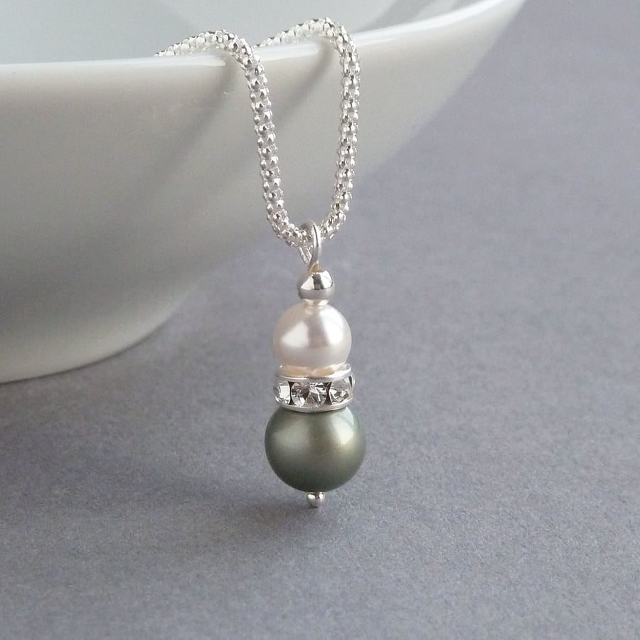 Dusty Green Pearl and Crystal Pendant Necklace - Sage Green Bridesmaids Necklace