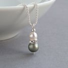Dusty Green Pearl and Crystal Pendant Necklace - Sage Green Bridesmaids Necklace
