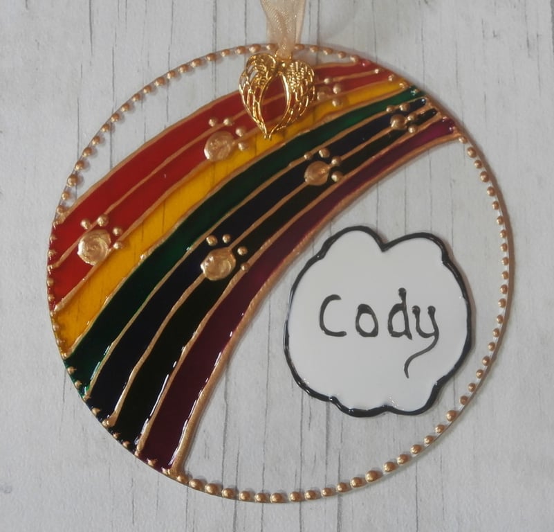 Hand painted Rainbow Bridge pet memorial suncatcher decoration with charm