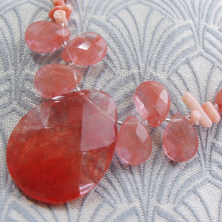 Chunky Necklace UK, Chunky Strawberry Quartz Necklace , Handmade Necklace DD22