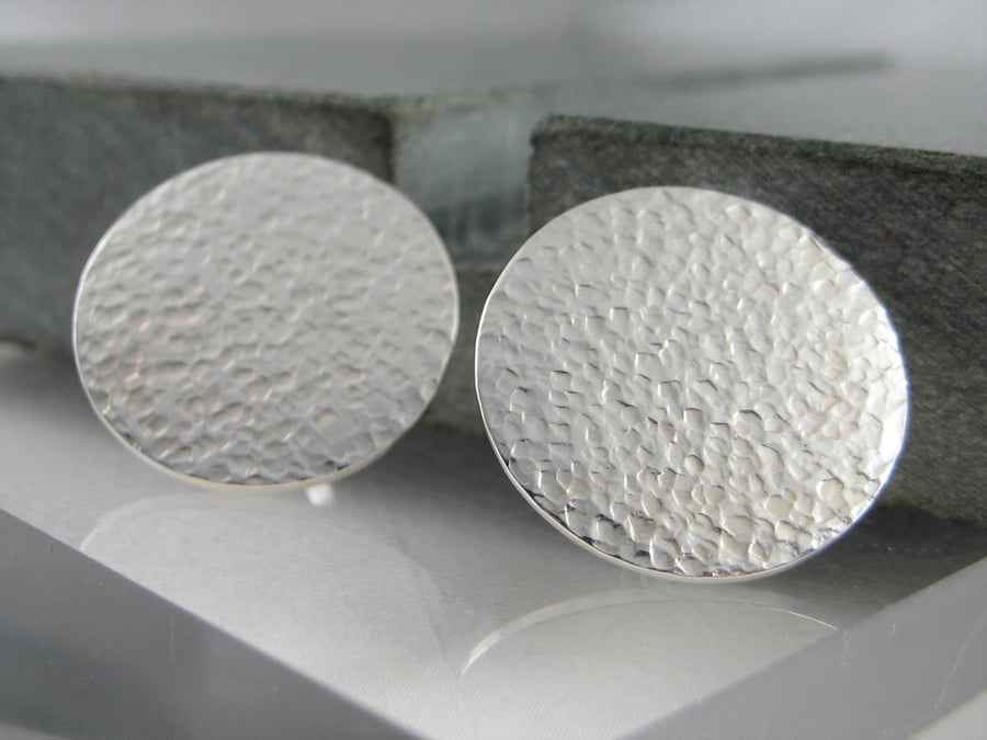 Large Sterling Silver Round Ear Stud Earrings 18mm Hammered-Sparkly - Handmade 