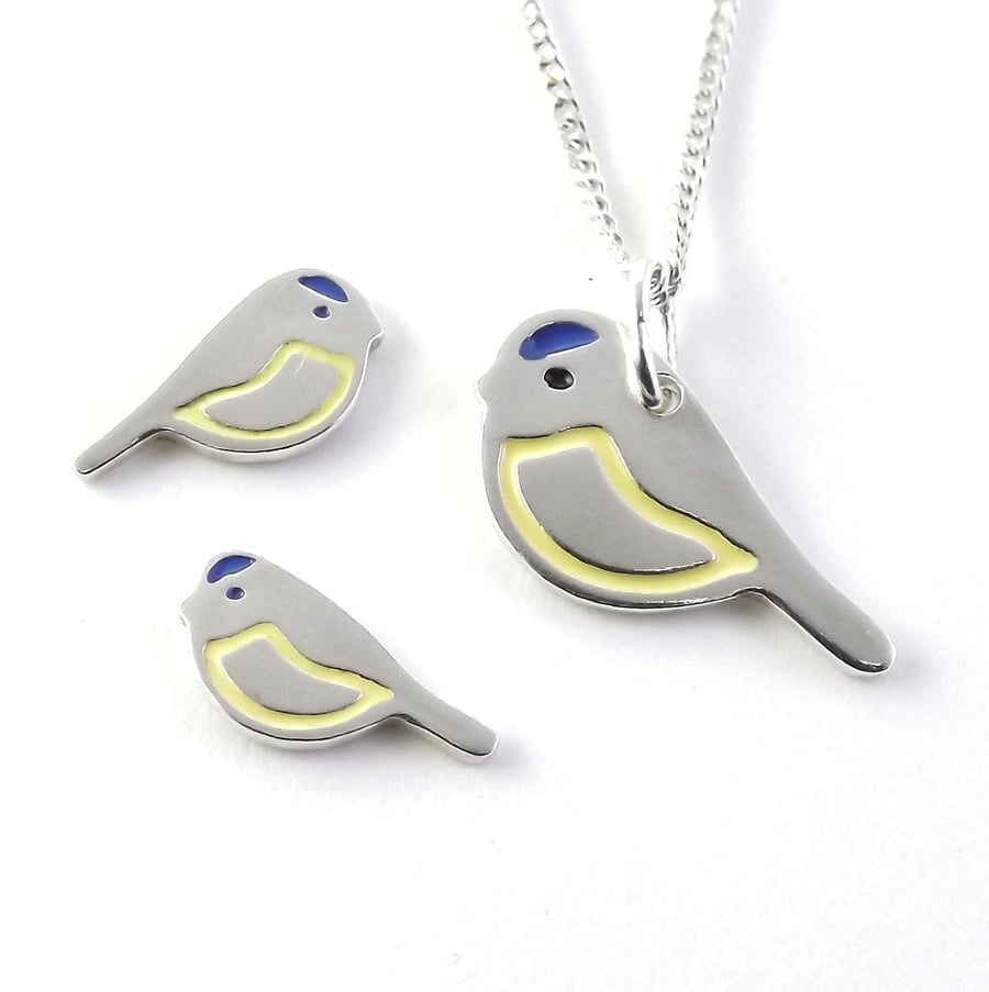 Blue tit jewellery set - small pendant and stud earrings (sterling silver)