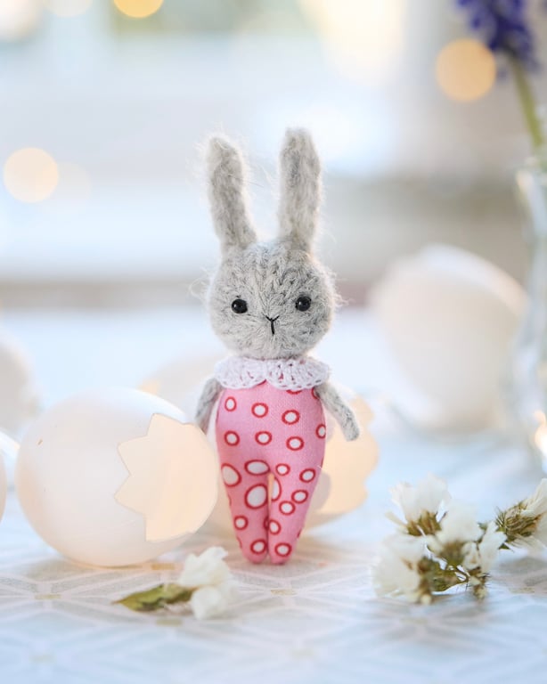 Easter Bunny ornament, miniature rabbit doll, pink outfit