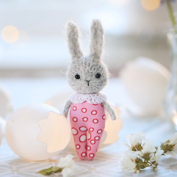 Easter Bunny ornament, miniature rabbit doll, pink outfit