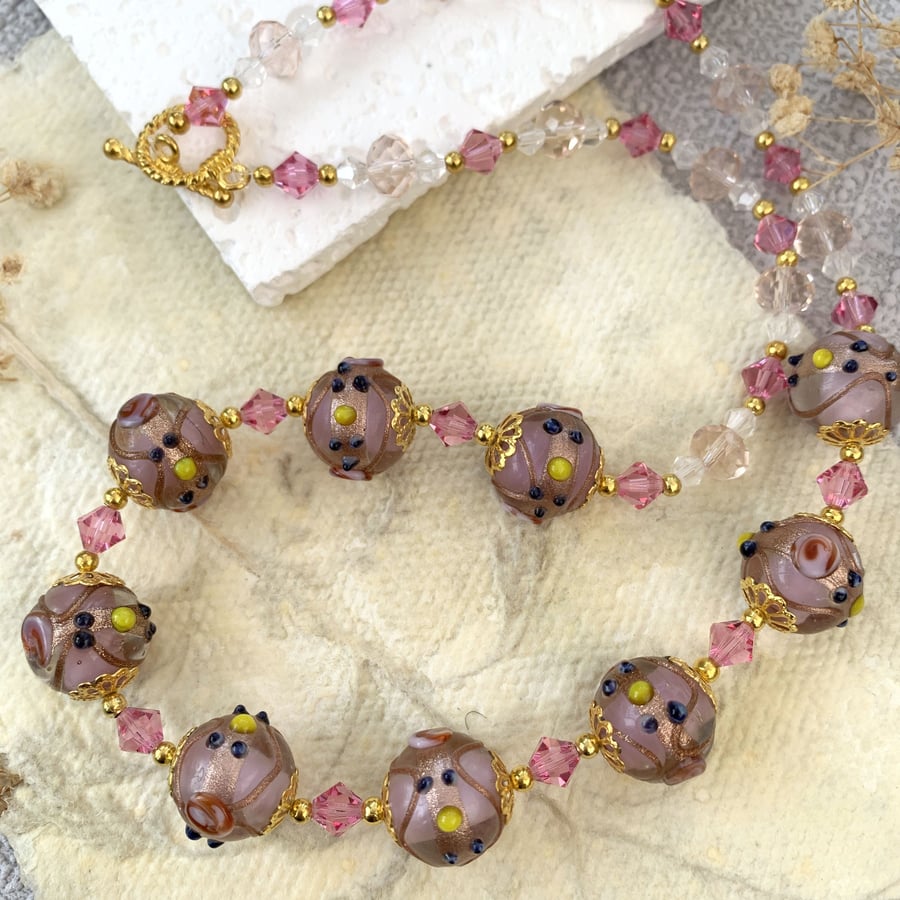 Vintage Style Pink Wedding Cake Bead and Gold Necklace and Earrings