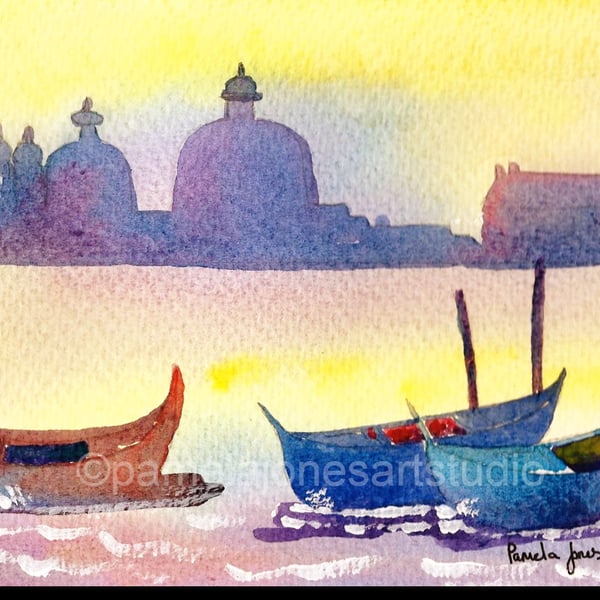 Gondolas, Venice, Italy, Watercolour Print, in 10 x 8 '' Mount