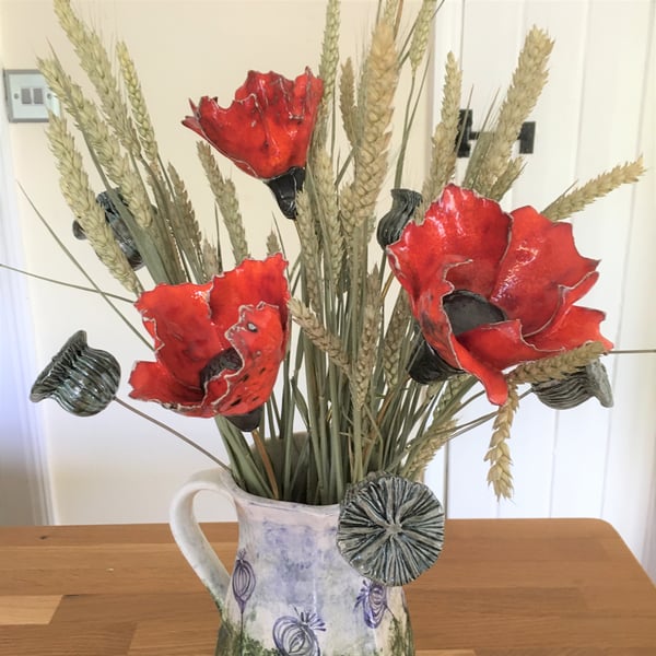 3 x Poppy flower arrangement with corn, and seedheads, unique bouquet keepsake