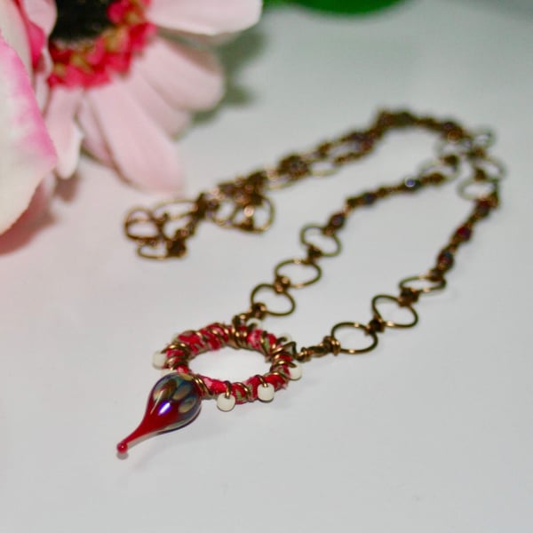 Red lampwork glass and bronze necklace