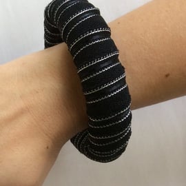 Bangle, bracelet, fabric wrapped, slip on, black and silver