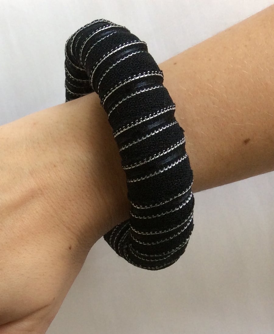 Bangle, bracelet, fabric wrapped, slip on, black and silver