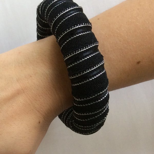 Bangle, bracelet, fabric wrapped, slip on, black and silver