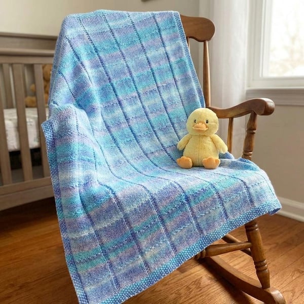 Hand Knitted Baby Blanket in Blue & Grey Mix, Nursery Bedding, Square Design