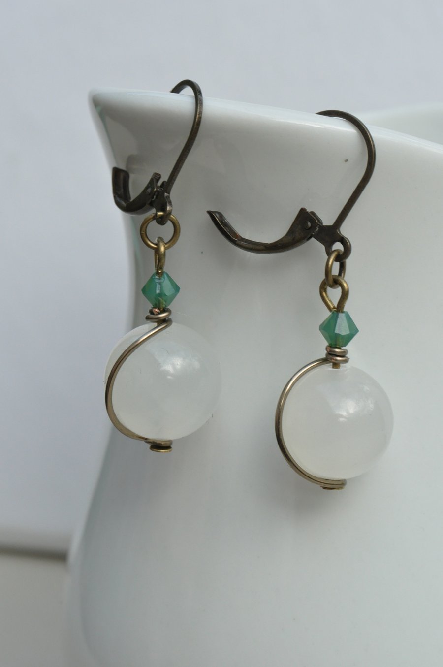 White Jade & Green Pacific Opal Swarovski Crystal and Bronze Earrings