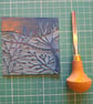 An original handprinted linoprint of a dark blue winter scene.  - Image 4