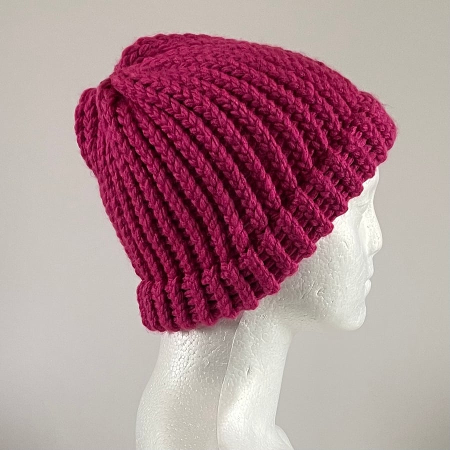 Pink Chunky Beanie with Fixed Brim, perfectly imperfect